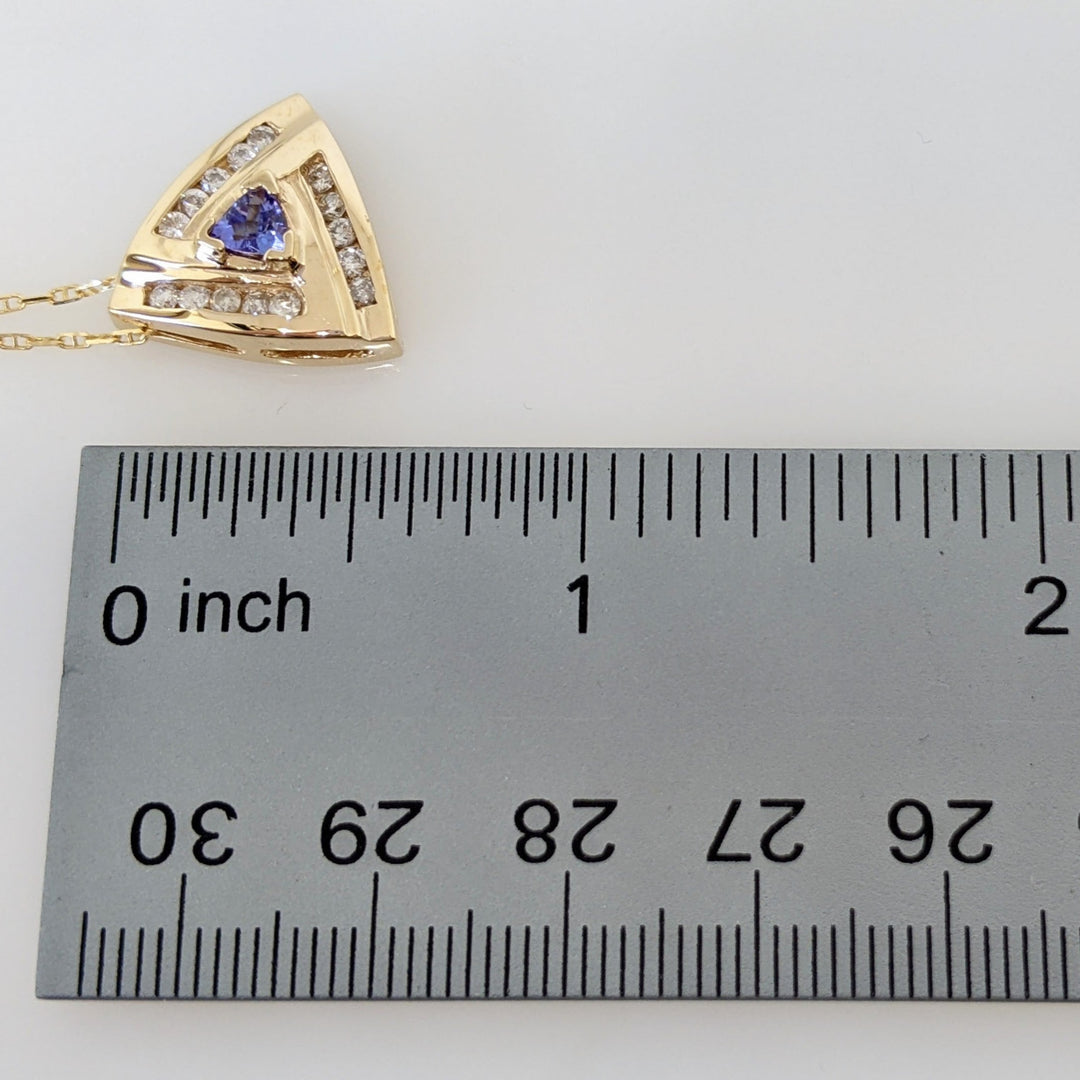 14K TANZANITE TRILLION 4.5MM WITH .30 DIAMOND TOTAL WEIGHT (15) ROUND ESTATE PENDANT & CHAIN