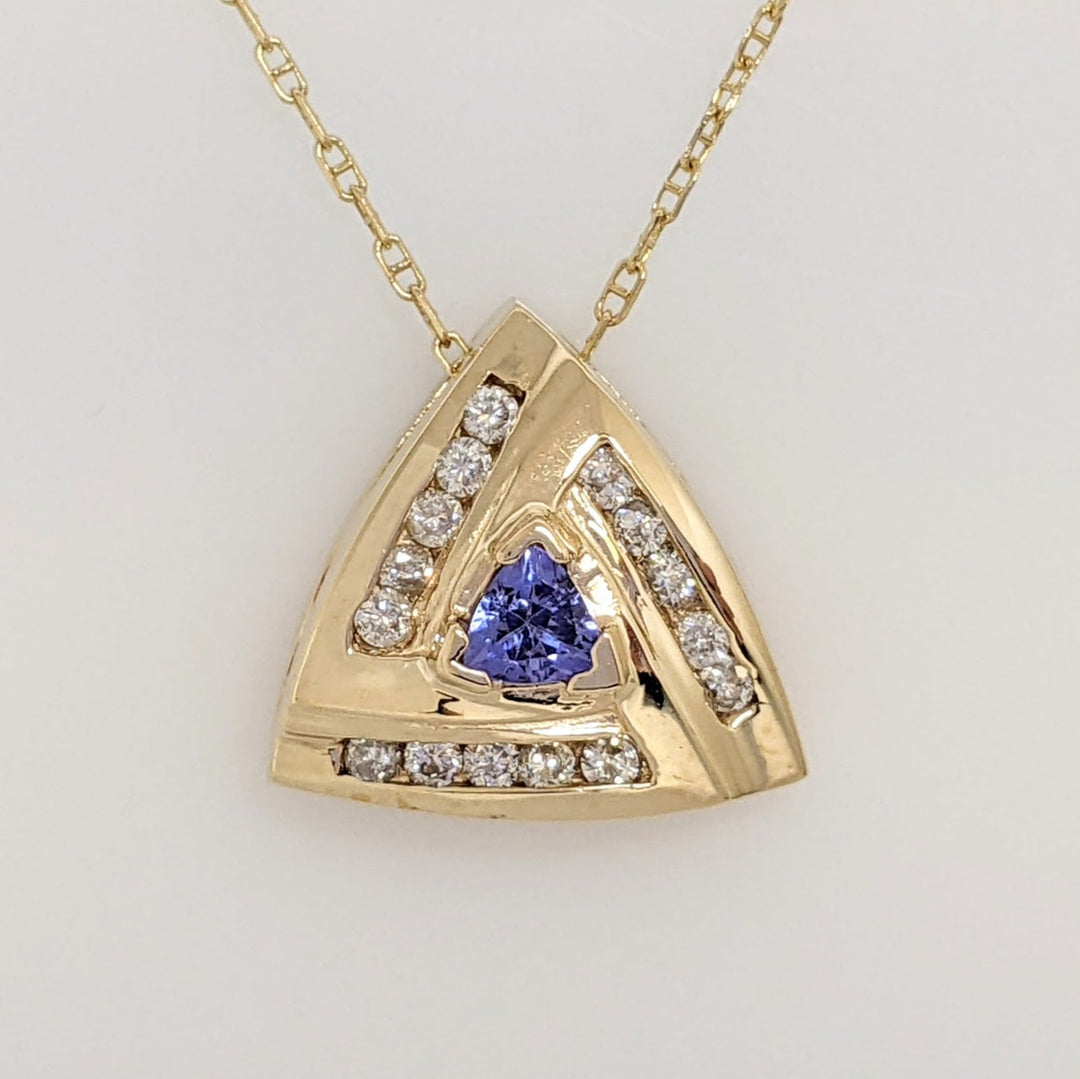 14K TANZANITE TRILLION 4.5MM WITH .30 DIAMOND TOTAL WEIGHT (15) ROUND ESTATE PENDANT & CHAIN