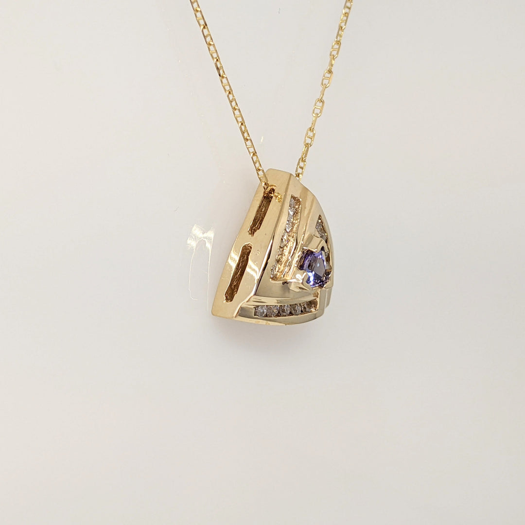 14K TANZANITE TRILLION 4.5MM WITH .30 DIAMOND TOTAL WEIGHT (15) ROUND ESTATE PENDANT & CHAIN