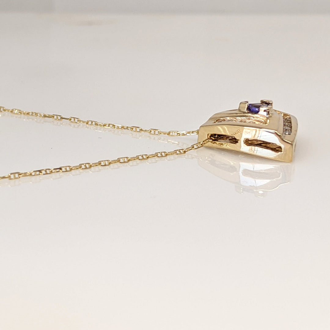 14K TANZANITE TRILLION 4.5MM WITH .30 DIAMOND TOTAL WEIGHT (15) ROUND ESTATE PENDANT & CHAIN