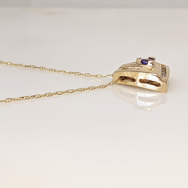 14K TANZANITE TRILLION 4.5MM WITH .30 DIAMOND TOTAL WEIGHT (15) ROUND ESTATE PENDANT & CHAIN