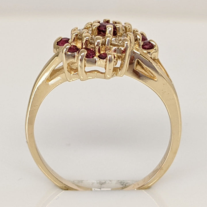 14K RUBY ROUND (9) WITH .24 DIAMOND TOTAL WEIGHT (6) ESTATE CLUSTER RING 3.0 GRAMS