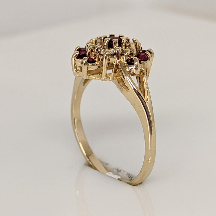 14K RUBY ROUND (9) WITH .24 DIAMOND TOTAL WEIGHT (6) ESTATE CLUSTER RING 3.0 GRAMS