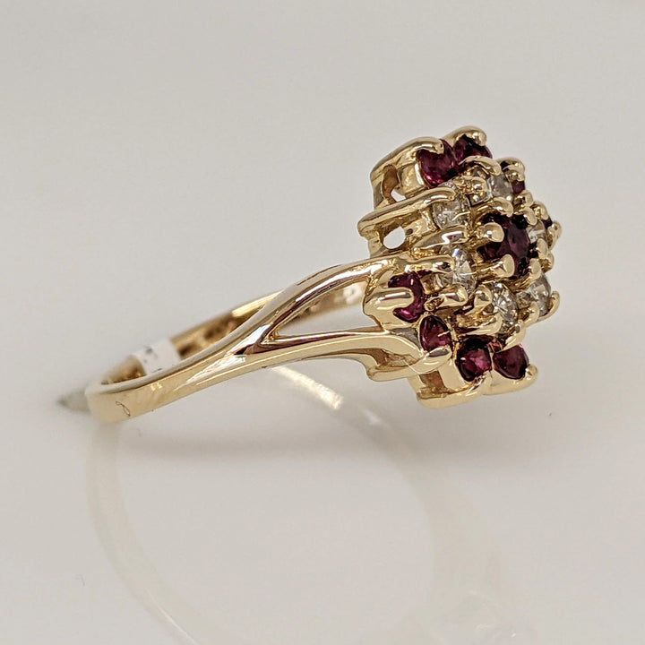 14K RUBY ROUND (9) WITH .24 DIAMOND TOTAL WEIGHT (6) ESTATE CLUSTER RING 3.0 GRAMS