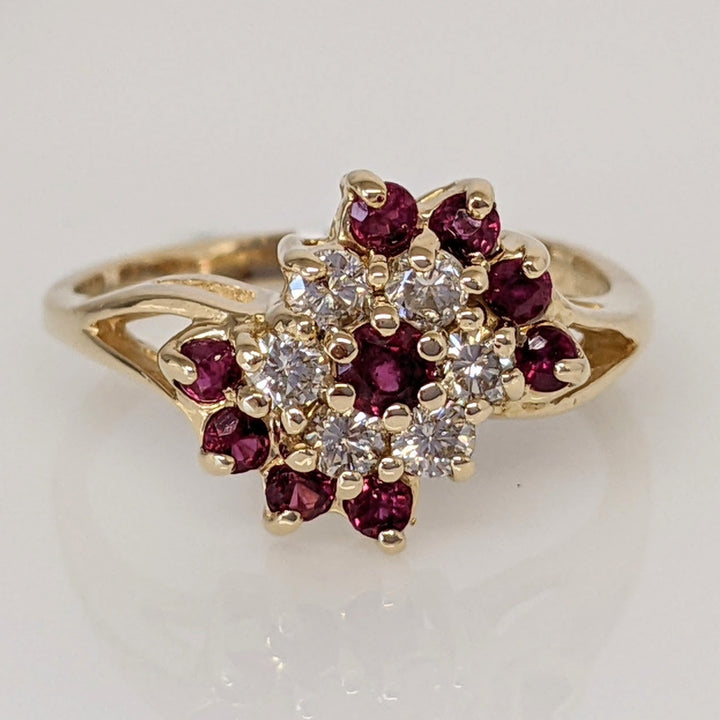14K RUBY ROUND (9) WITH .24 DIAMOND TOTAL WEIGHT (6) ESTATE CLUSTER RING 3.0 GRAMS