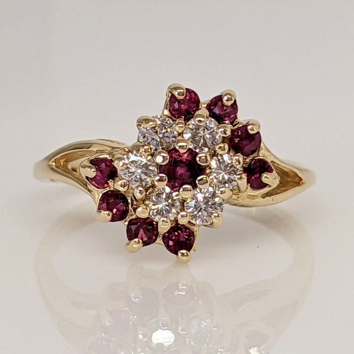 14K RUBY ROUND (9) WITH .24 DIAMOND TOTAL WEIGHT (6) ESTATE CLUSTER RING 3.0 GRAMS