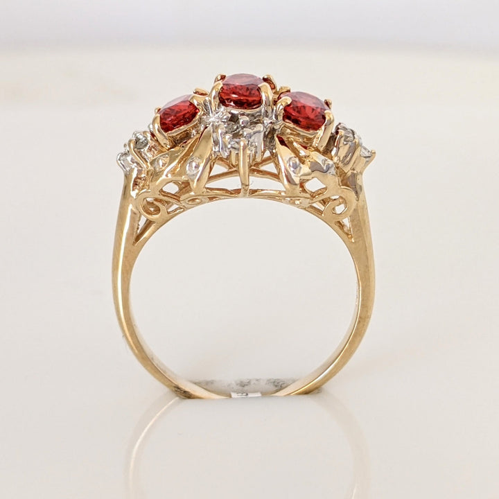 14K LAB CREATED SAPPHIRE ORANGE SAPPHIRE OVAL (3) WITH (12) MELEE ESTATE RING 3.8 GRAMS