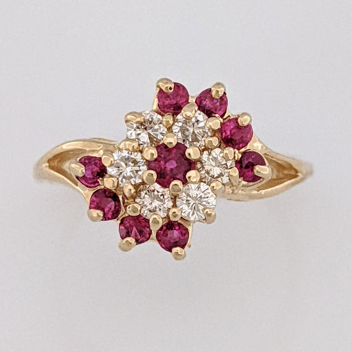14K RUBY ROUND (9) WITH .24 DIAMOND TOTAL WEIGHT (6) ESTATE CLUSTER RING 3.0 GRAMS