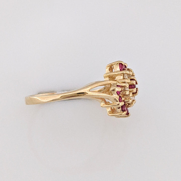 14K RUBY ROUND (9) WITH .24 DIAMOND TOTAL WEIGHT (6) ESTATE CLUSTER RING 3.0 GRAMS