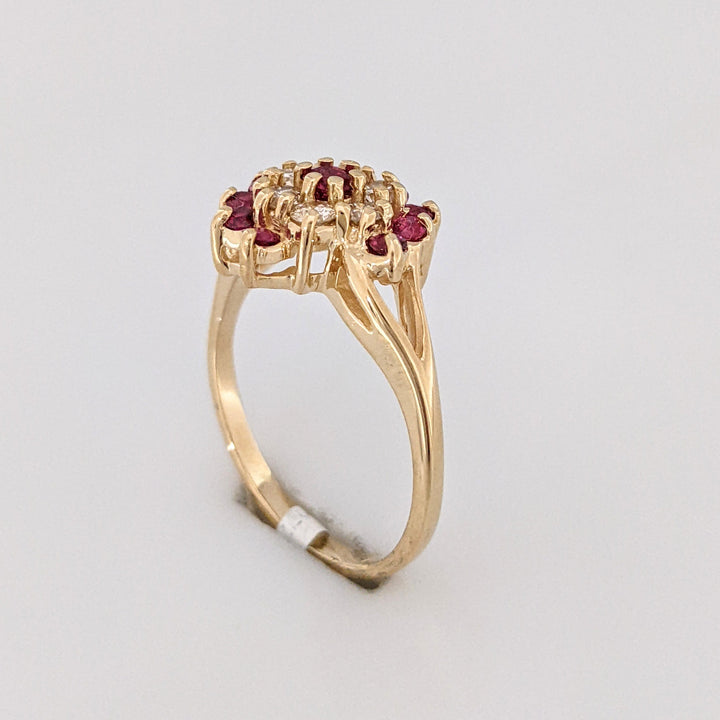 14K RUBY ROUND (9) WITH .24 DIAMOND TOTAL WEIGHT (6) ESTATE CLUSTER RING 3.0 GRAMS