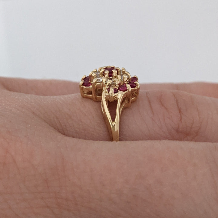14K RUBY ROUND (9) WITH .24 DIAMOND TOTAL WEIGHT (6) ESTATE CLUSTER RING 3.0 GRAMS
