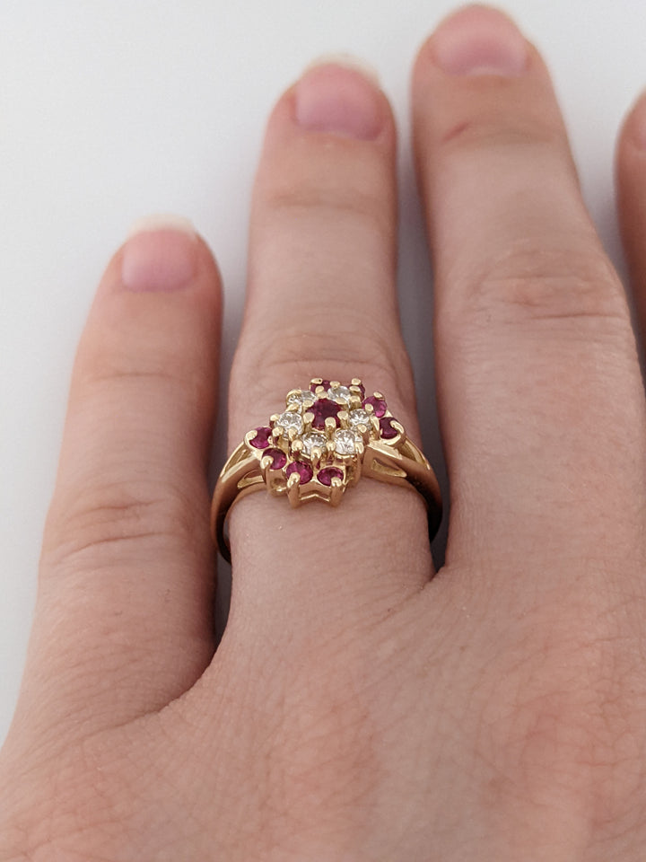 14K RUBY ROUND (9) WITH .24 DIAMOND TOTAL WEIGHT (6) ESTATE CLUSTER RING 3.0 GRAMS