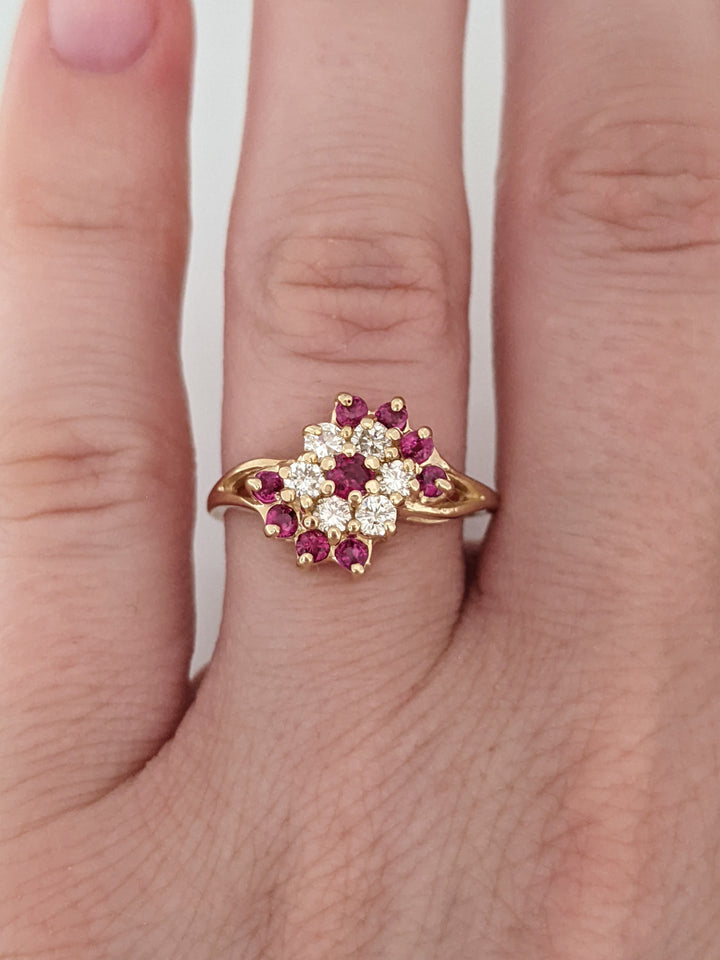 14K RUBY ROUND (9) WITH .24 DIAMOND TOTAL WEIGHT (6) ESTATE CLUSTER RING 3.0 GRAMS