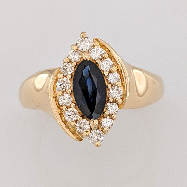 14K SAPPHIRE MARQUISE 4X8 WITH .28 DIAMOND TOTAL WEIGHT (14) ROUND ESTATE RING 4.6 GRAMS
