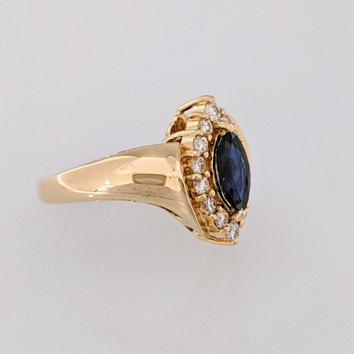 14K SAPPHIRE MARQUISE 4X8 WITH .28 DIAMOND TOTAL WEIGHT (14) ROUND ESTATE RING 4.6 GRAMS