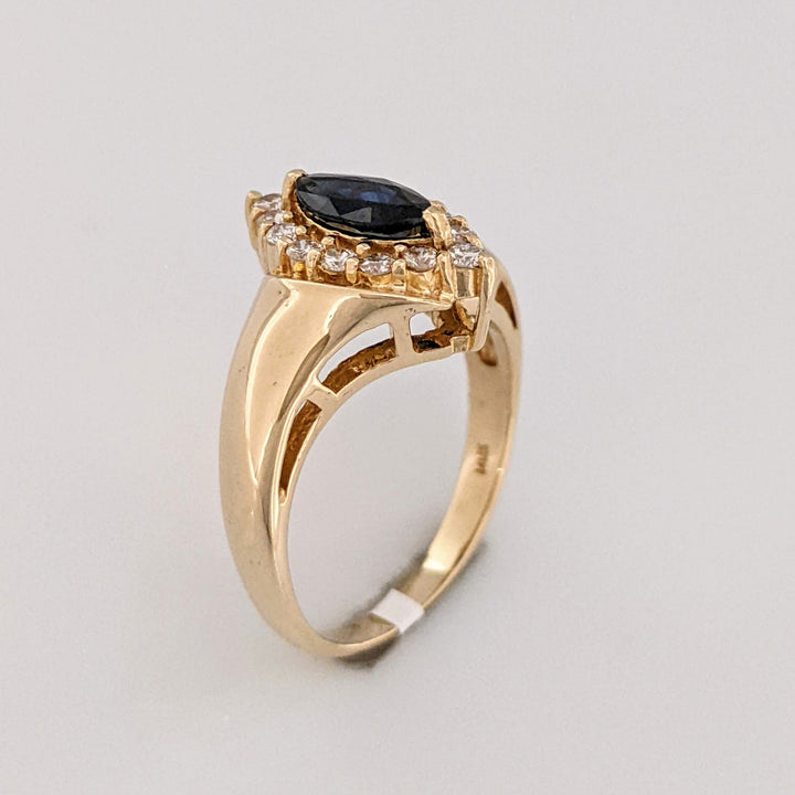 14K SAPPHIRE MARQUISE 4X8 WITH .28 DIAMOND TOTAL WEIGHT (14) ROUND ESTATE RING 4.6 GRAMS