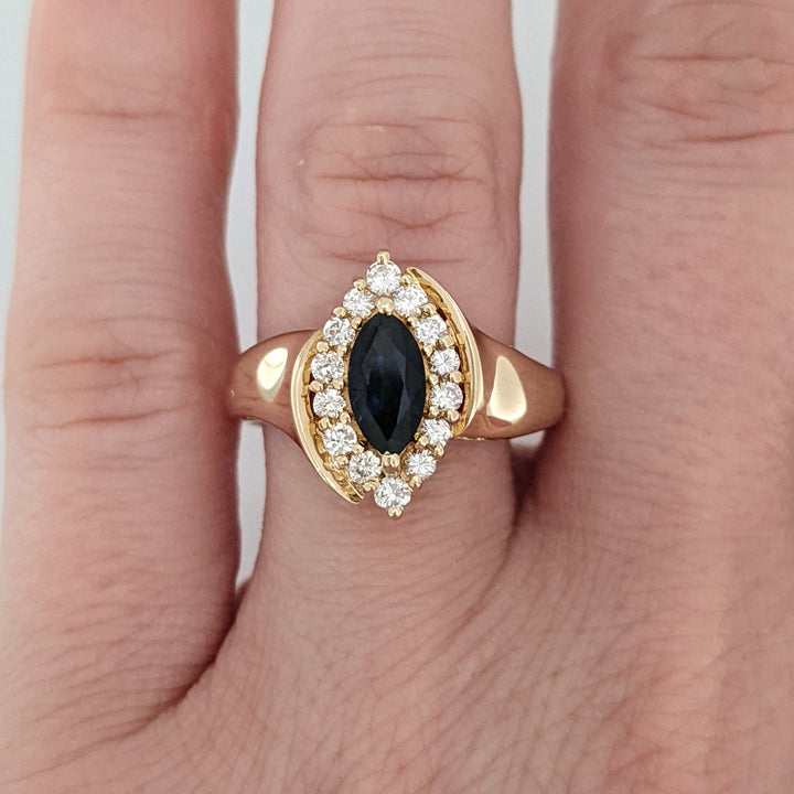 14K SAPPHIRE MARQUISE 4X8 WITH .28 DIAMOND TOTAL WEIGHT (14) ROUND ESTATE RING 4.6 GRAMS