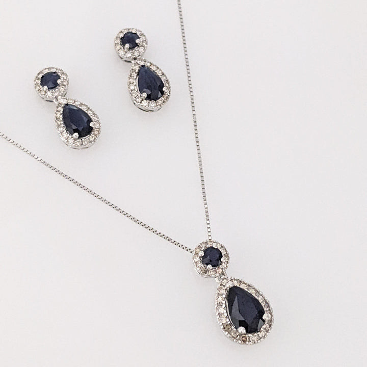 10K WHITE SAPPHIRE PEAR (3) ROUND (3) HALO ESTATE PENDANT & EARRING SET 3.4 GRAMS