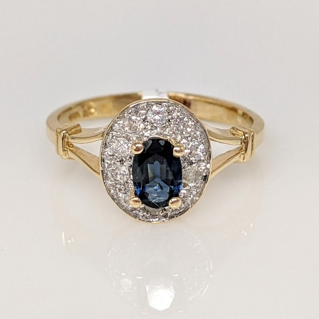 14K SAPPHIRE OVAL 4X6 WITH .15 DIAMOND TOTAL WEIGHT SPLIT SHANK ESTATE RING 2.2 GRAMS