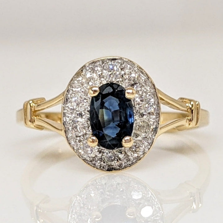 14K SAPPHIRE OVAL 4X6 WITH .15 DIAMOND TOTAL WEIGHT SPLIT SHANK ESTATE RING 2.2 GRAMS