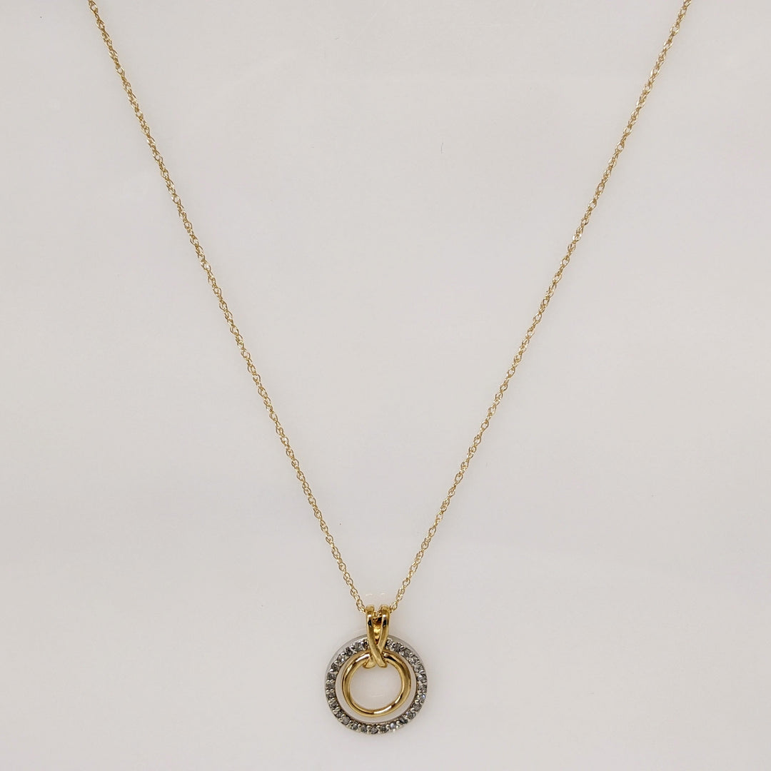 10K TWO-TONE .19 CARAT TOTAL WEIGHT DIAMOND ROUND (25) DOUBLE CIRCLE ESTATE PENDANT & CHAIN 2.5 GRAMS