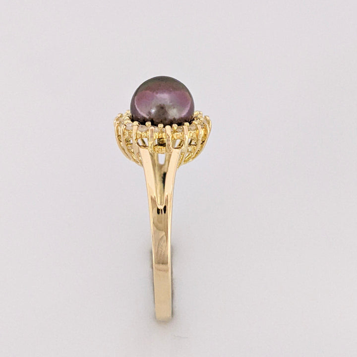 14K DYED PEARL ROUND 7MM WITH (18) MELEE ESTATE RING 2.1 GRAMS