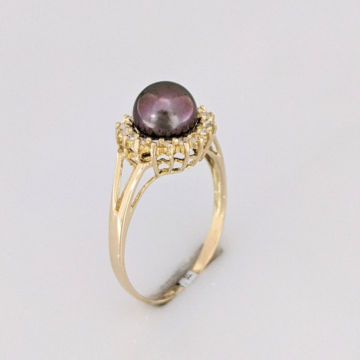 14K DYED PEARL ROUND 7MM WITH (18) MELEE ESTATE RING 2.1 GRAMS