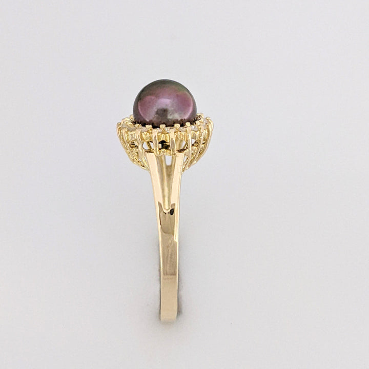 14K DYED PEARL ROUND 7MM WITH (18) MELEE ESTATE RING 2.1 GRAMS