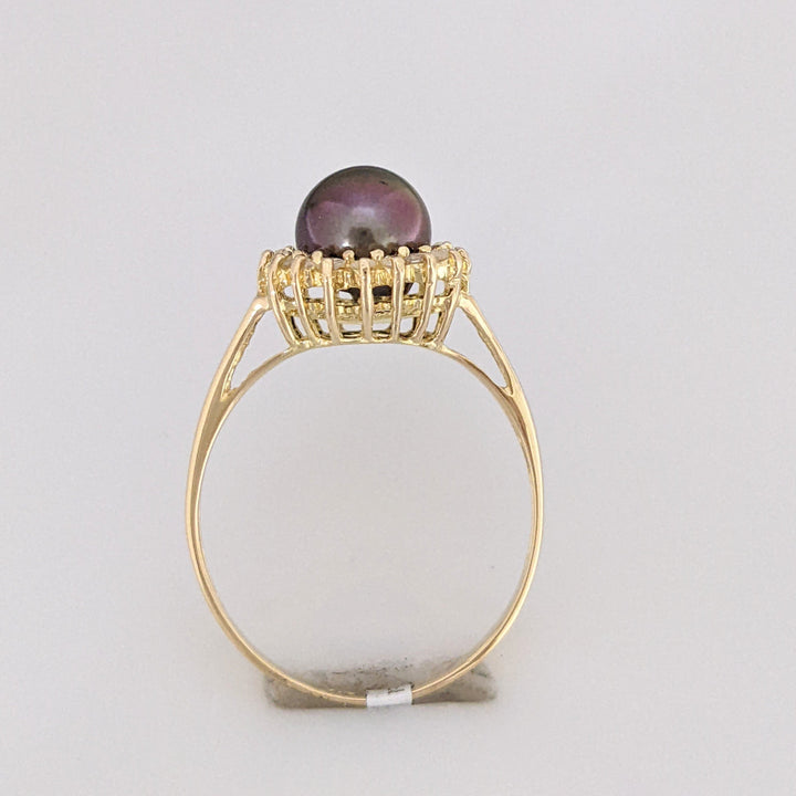 14K DYED PEARL ROUND 7MM WITH (18) MELEE ESTATE RING 2.1 GRAMS