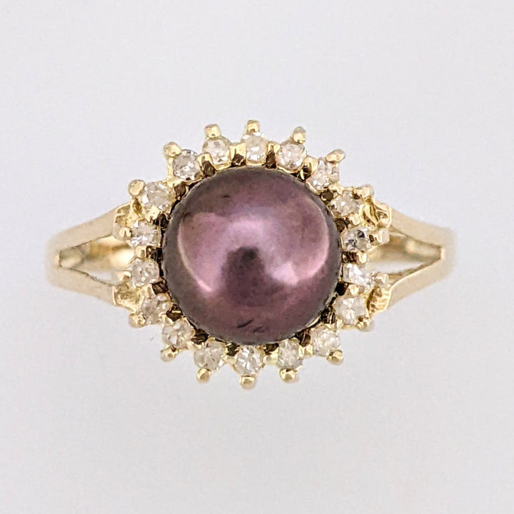 14K DYED PEARL ROUND 7MM WITH (18) MELEE ESTATE RING 2.1 GRAMS