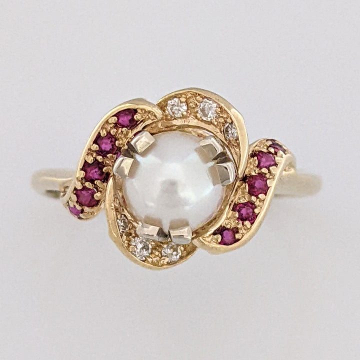 14K PEARL ROUND 6MM WITH (10) RUBY AND (6) MELEE ESTATE RING 3.0 GRAMS