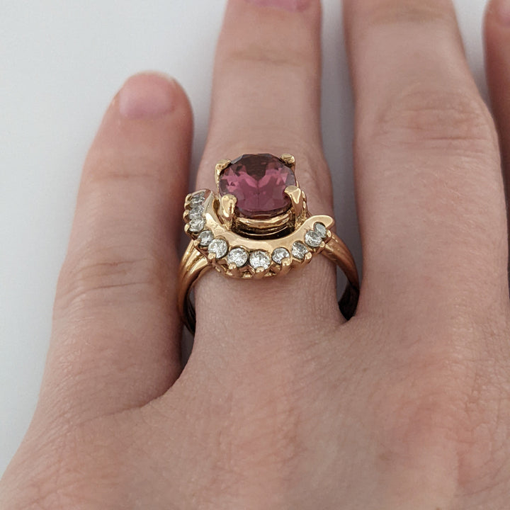 10K RASPBERRY TOURMALINE OVAL 8X10 WITH .50 DIAMOND TOTAL WEIGHT ESTATE RING 5.8 GRAMS