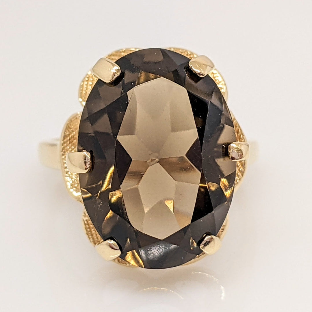 10K SMOKEY QUARTZ OVAL 13X18 WITH SCALLOPED TRIM ESTATE RING 6.4 GRAMS