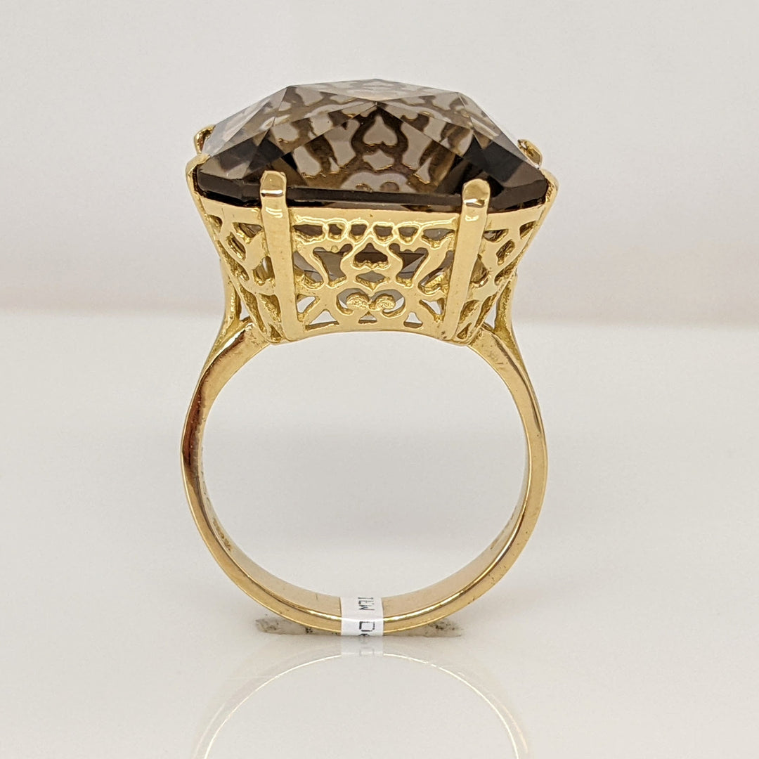 18K SMOKEY QUARTZ CUSHION 18MM ESTATE RING 10.5 GRAMS