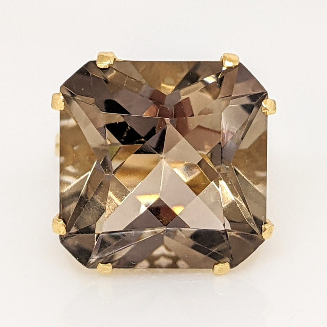 18K SMOKEY QUARTZ CUSHION 18MM ESTATE RING 10.5 GRAMS
