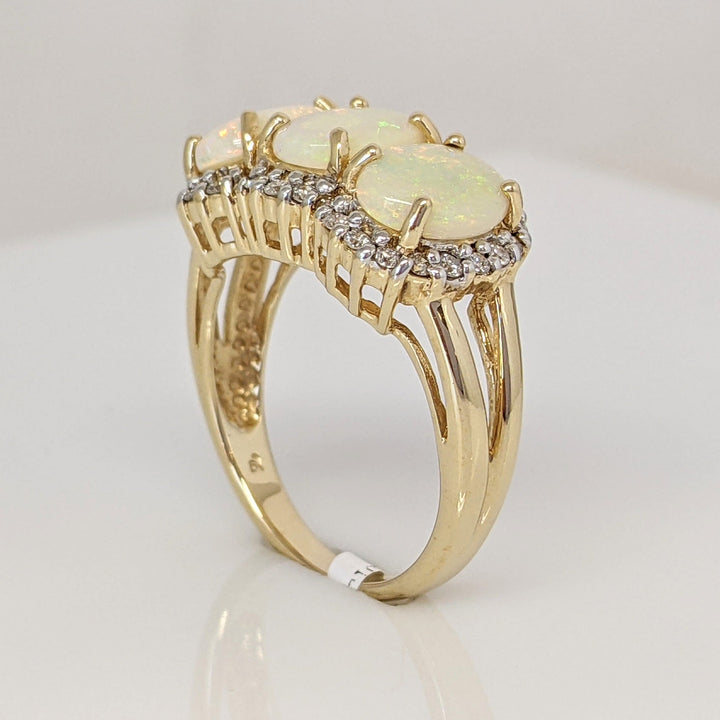 14K OPAL OVAL (3) 6X8 WITH MELEE HALO ESTATE RING 5.5 GRAMS
