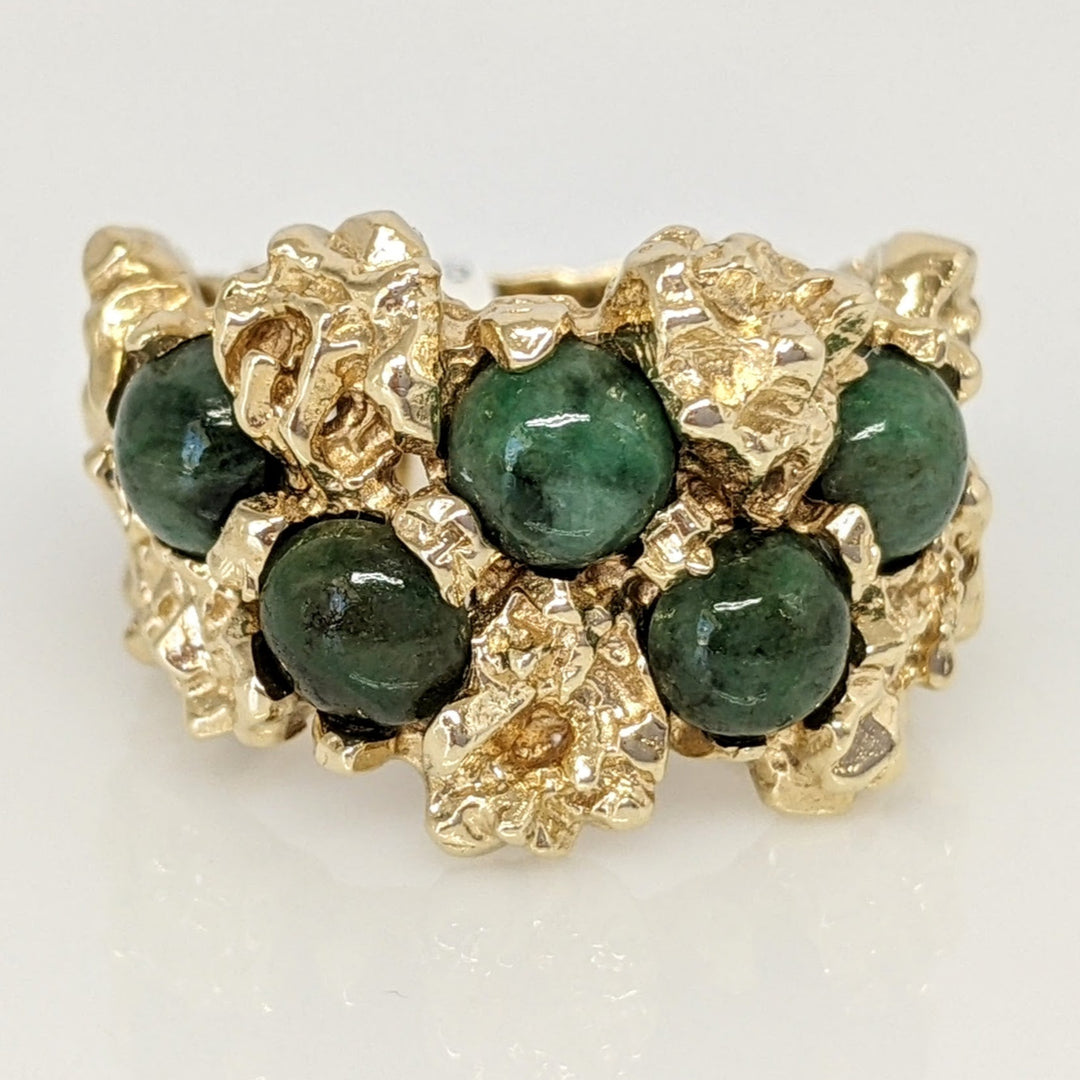 14K JADE ROUND BEAD (5) 5MM NUGGET STYLE ESTATE RING 9.5 GRAMS