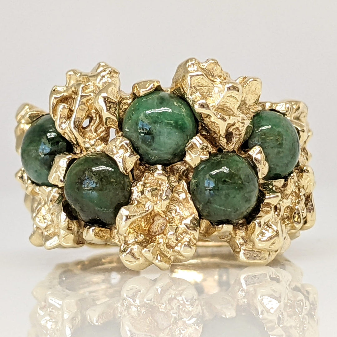 14K JADE ROUND BEAD (5) 5MM NUGGET STYLE ESTATE RING 9.5 GRAMS