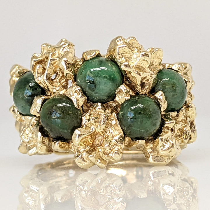 14K JADE ROUND BEAD (5) 5MM NUGGET STYLE ESTATE RING 9.5 GRAMS