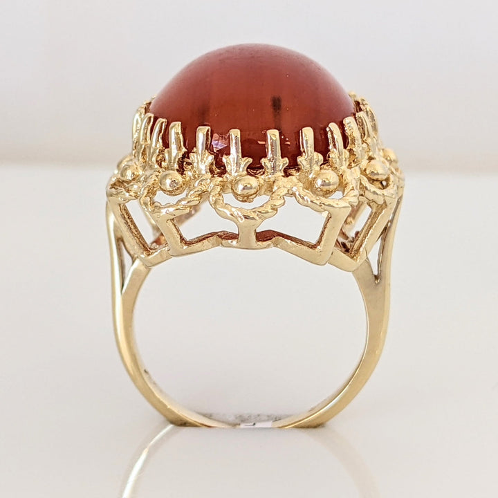 14K ORANGE JADE CABOCHON MULTI- PRONG ESTATE RING 9.7 GRAMS