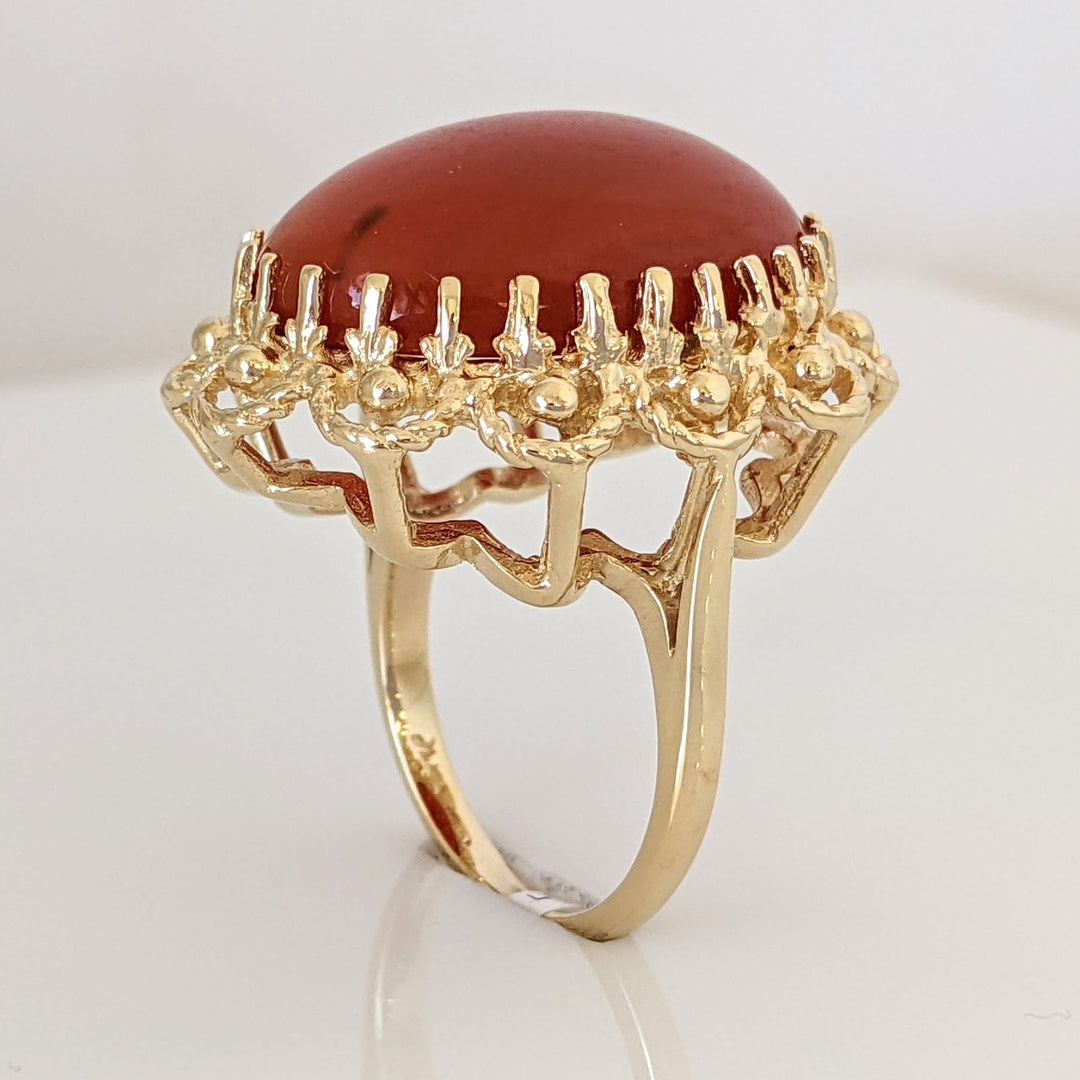 14K ORANGE JADE CABOCHON MULTI- PRONG ESTATE RING 9.7 GRAMS