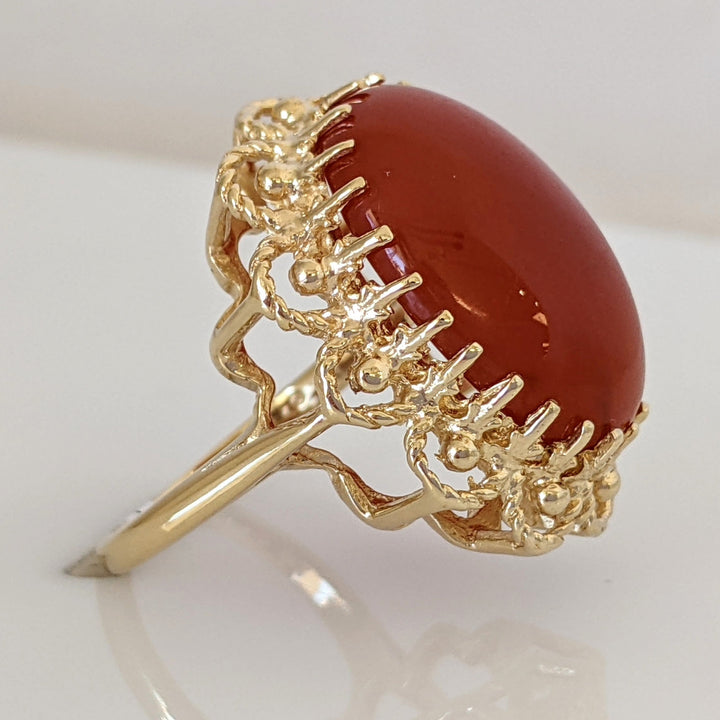 14K ORANGE JADE CABOCHON MULTI- PRONG ESTATE RING 9.7 GRAMS