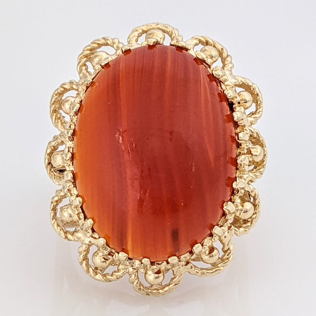 14K ORANGE JADE CABOCHON MULTI- PRONG ESTATE RING 9.7 GRAMS
