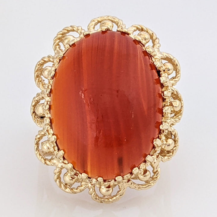 14K ORANGE JADE CABOCHON MULTI- PRONG ESTATE RING 9.7 GRAMS