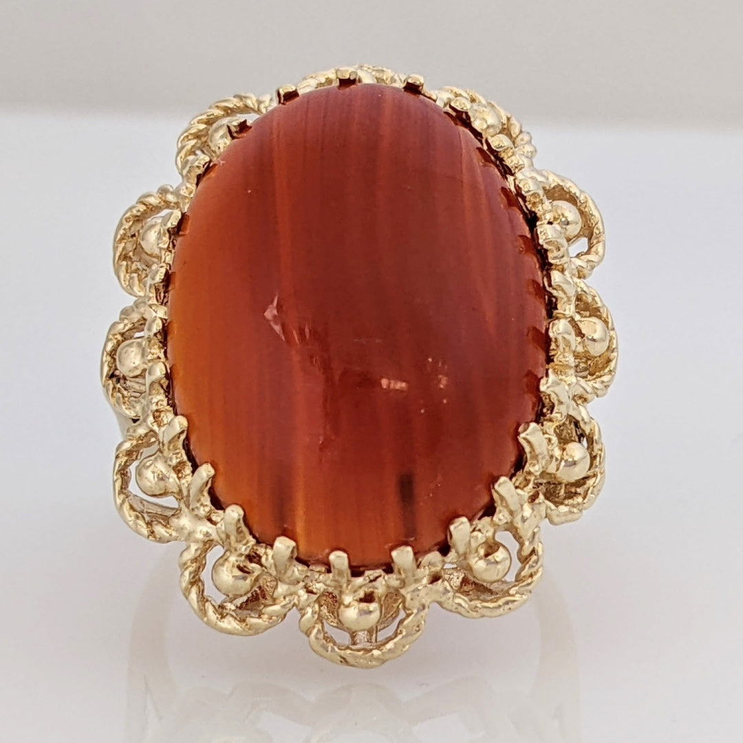 14K ORANGE JADE CABOCHON MULTI- PRONG ESTATE RING 9.7 GRAMS