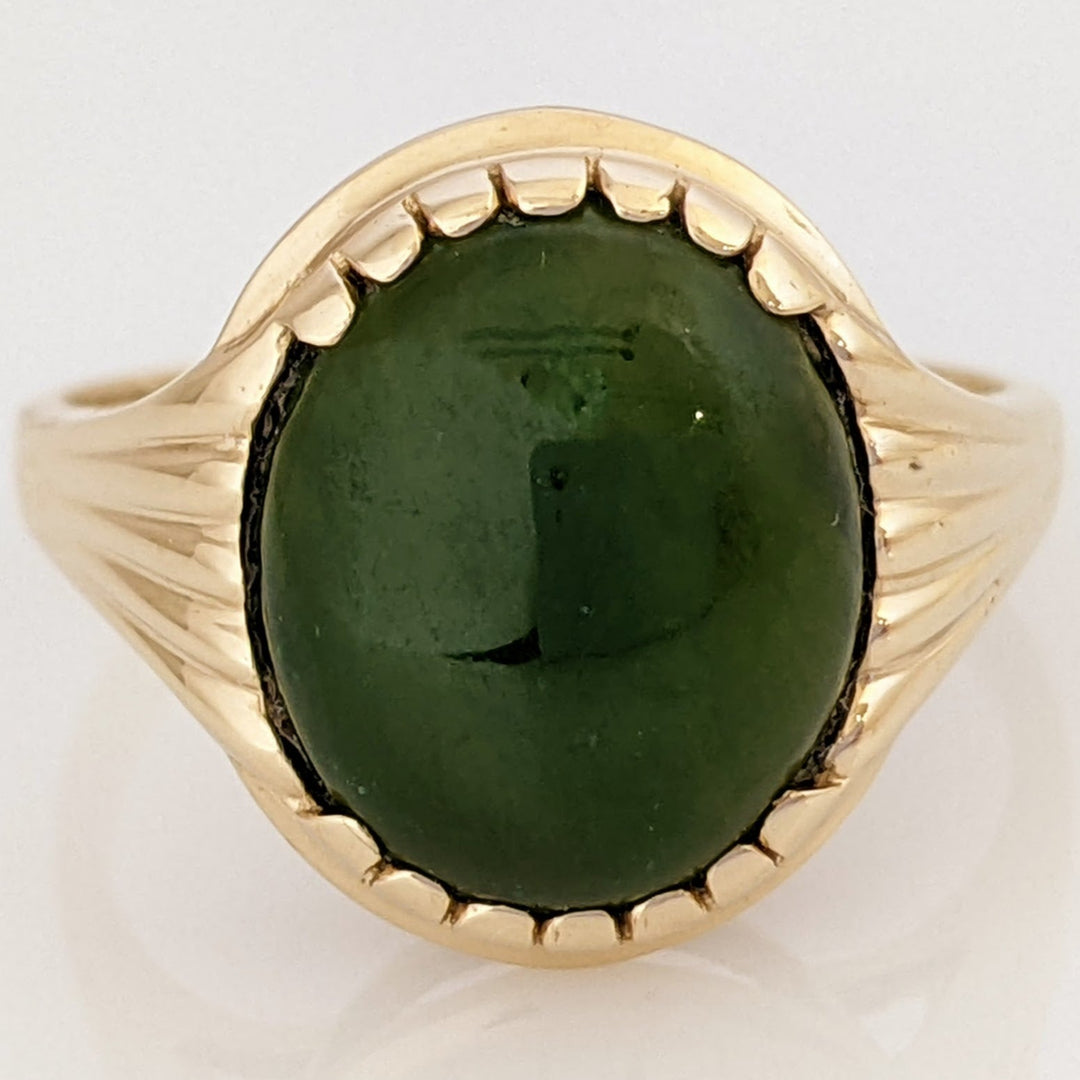 14K JADE OVAL 10X12 ESTATE RING WITH RIBBED SHANK 3.5 GRAMS