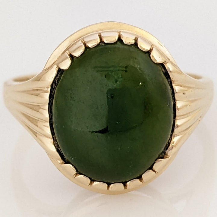 14K JADE OVAL 10X12 ESTATE RING WITH RIBBED SHANK 3.5 GRAMS