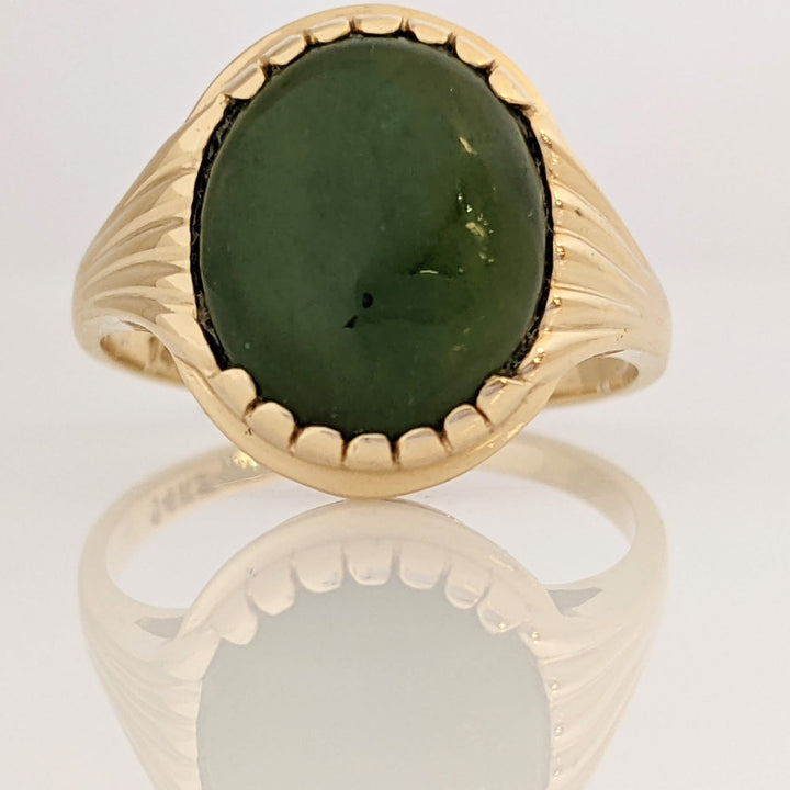 14K JADE OVAL 10X12 ESTATE RING WITH RIBBED SHANK 3.5 GRAMS