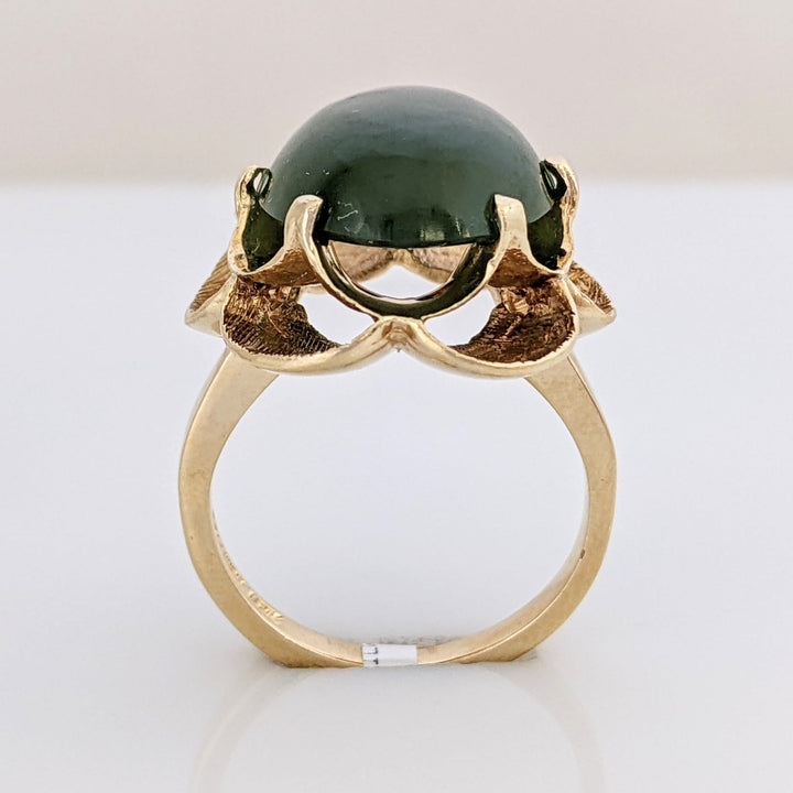 14K JADE OVAL 12X16 CABOCHON WITH RIPPLE GOLD TRIM ESTATE RING 6.2 GRAMS