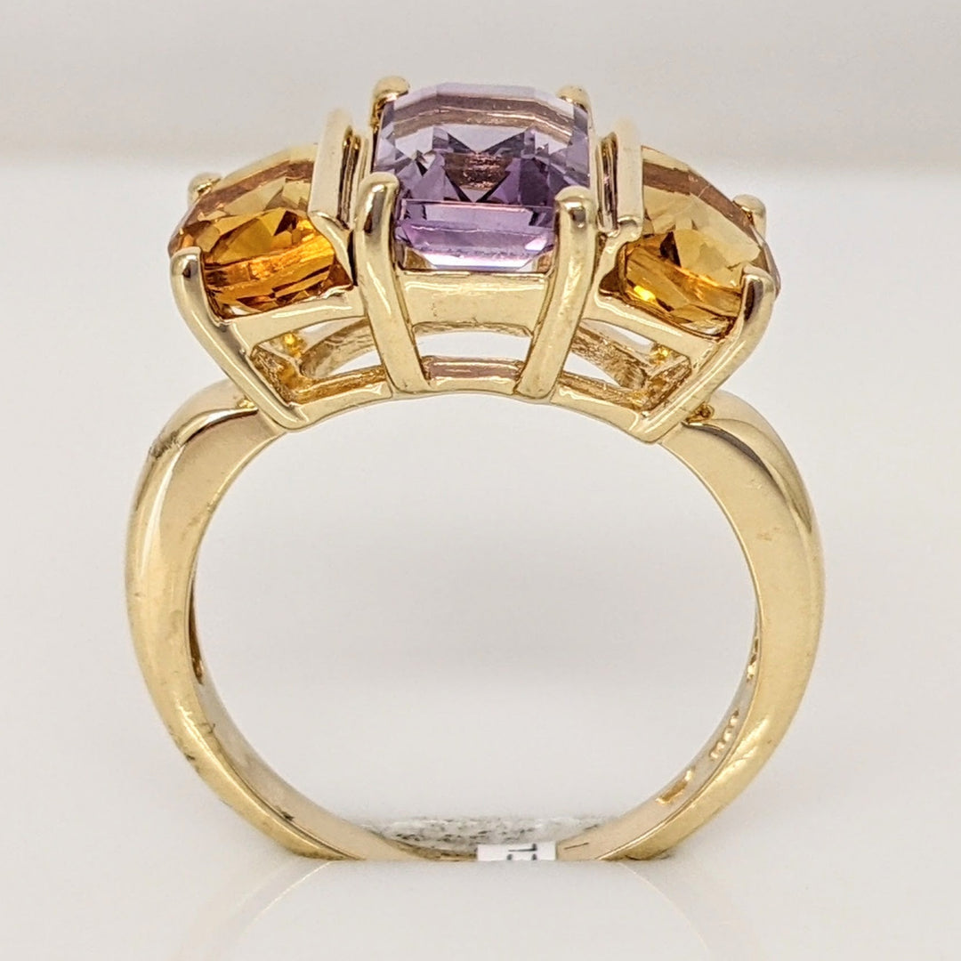 10K AMETHYST EMERALD CUT 6X8 WITH (2) CITRINE HALF MOON ESTATE RING 3.9 GRAMS